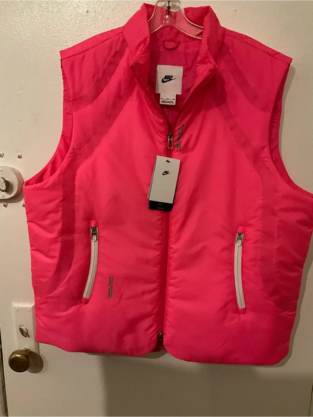 Nike Mens Hot Pink Puffer Vest with White Zipper Accents